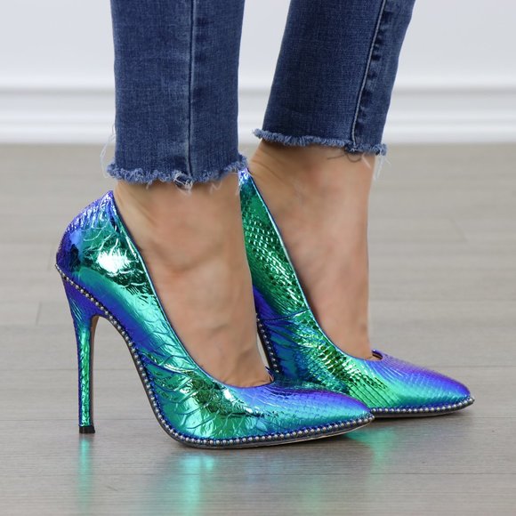 COPY - Mermaid Blue Green High Heel Pumps With Studs - Picture 5 of 8